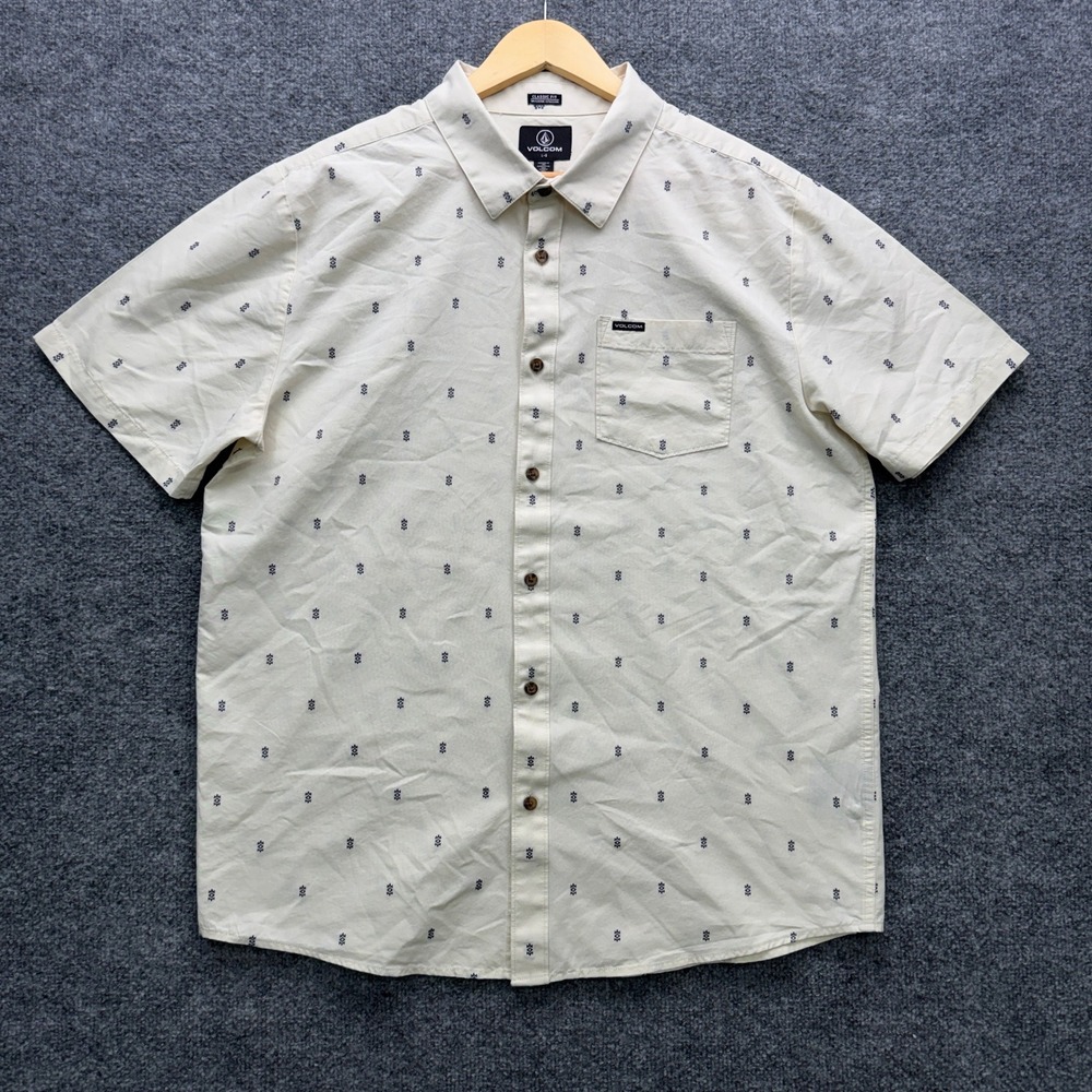 Volcom Button Shirt Men's Large Off-White Short Sleeve Casual Print